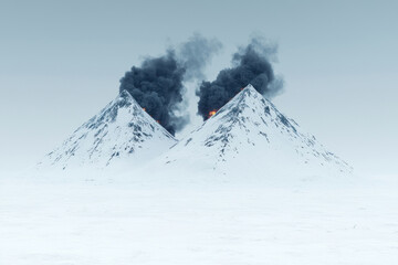 Smoke and fire rise from snowy mountains in a dramatic volcanic landscape.