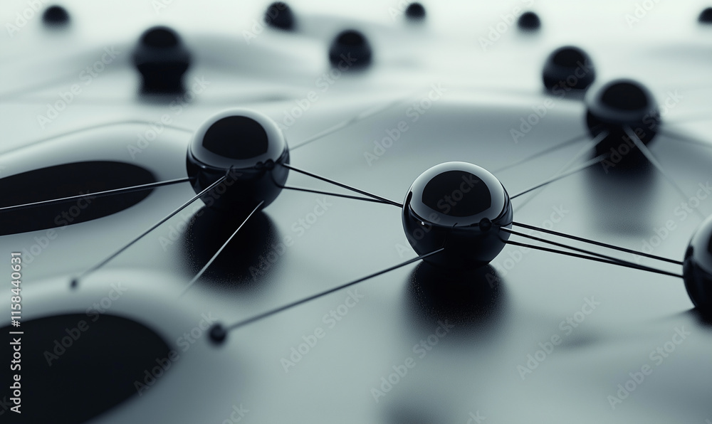 Aufkleber abstract close-up of interconnected black spheres on a soft surface, suggesting technology or molecu