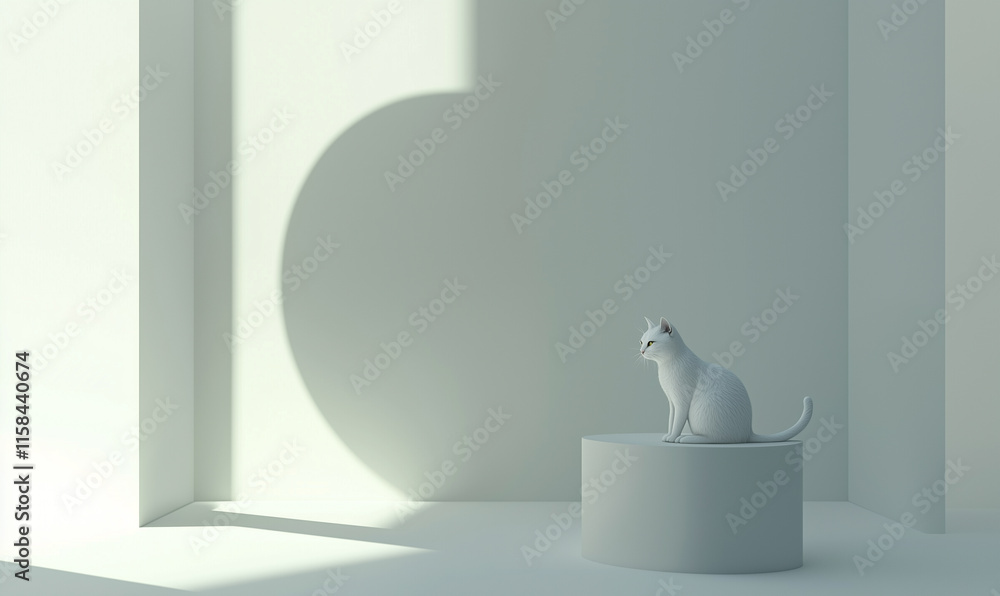 Poster a minimalistic scene featuring a white cat on a pedestal, surrounded by soft shadows and light in a 