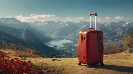 red suitcase in the mountains