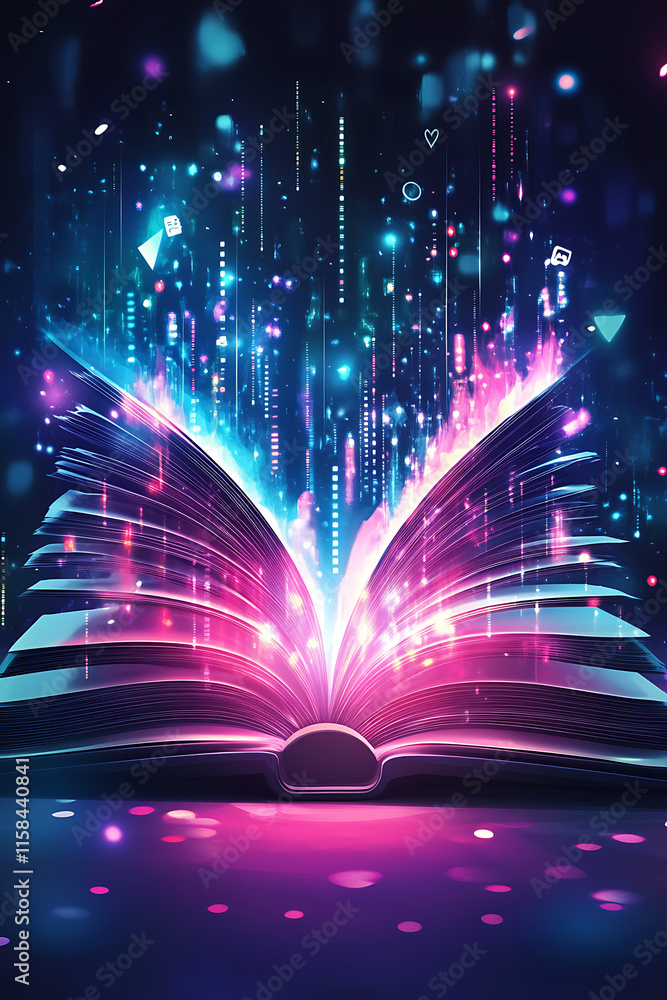 Poster an open book emits colorful light and digital elements, symbolizing knowledge and creativity.