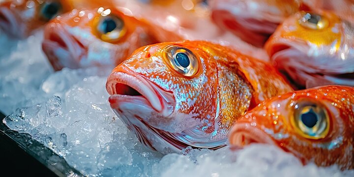 Fresh fish on ice. Closeup shot. Generative Ai