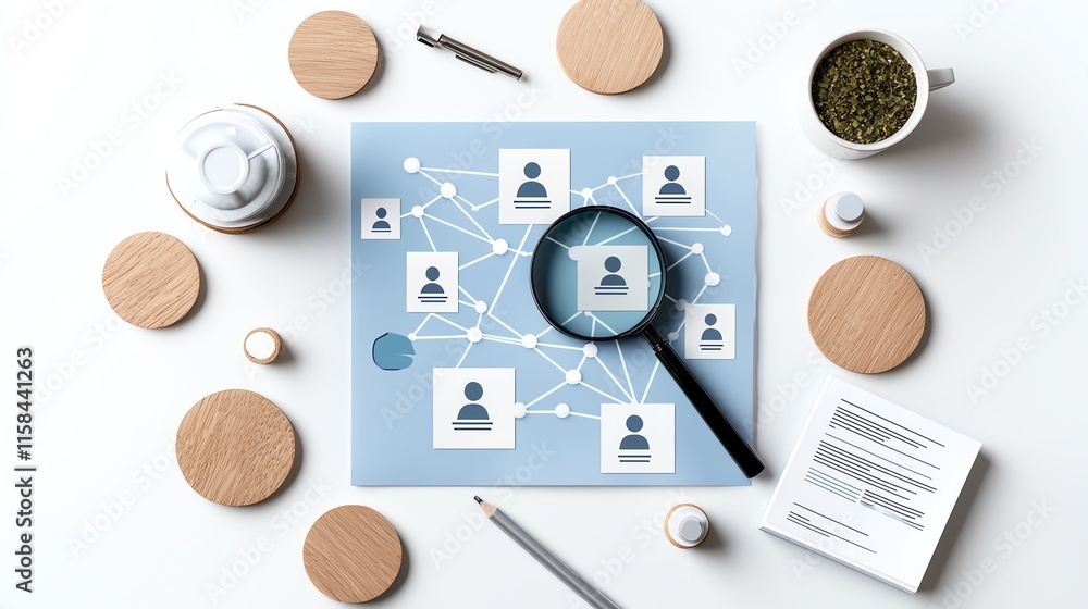 Poster business network concept with a magnifying glass focusing on a specific connection.