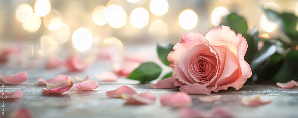 Poster pink rose lying on table with petals and bokeh lights