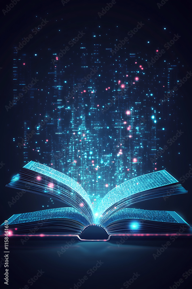 Poster an open book emitting glowing data particles, symbolizing knowledge and technology.