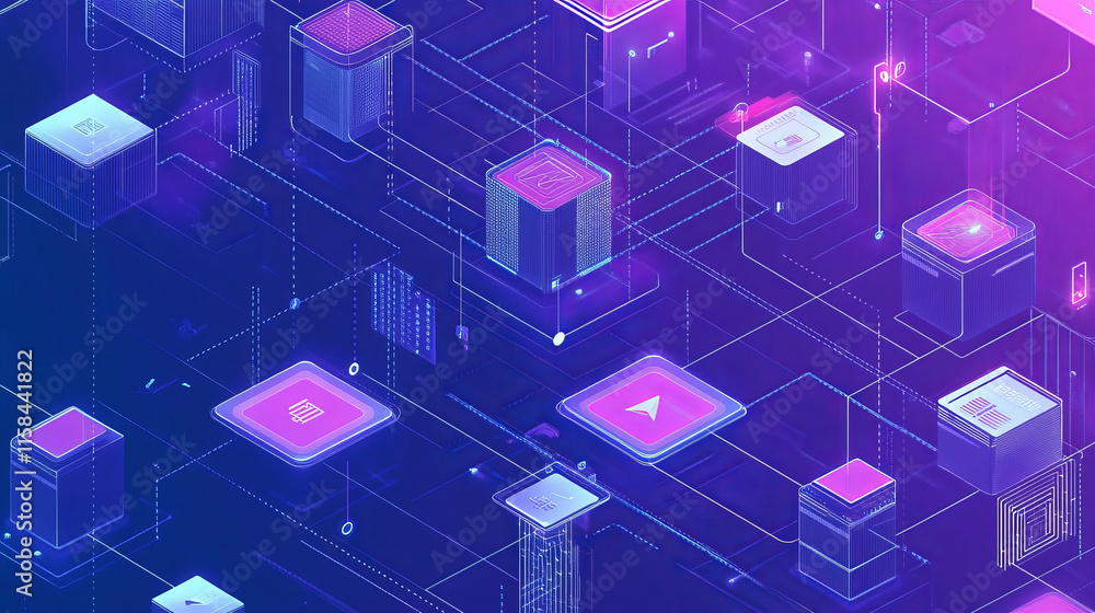Poster abstract blockchain on technology futuristic background. linked blocks on tech abstract background. 