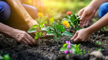Nurturing a vibrant garden together under the warm sun, showcasing the beauty of nature and the bond between generations through planting flowers and vegetables