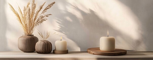 Burning candles and dried flowers creating a cozy atmosphere on a wooden shelf