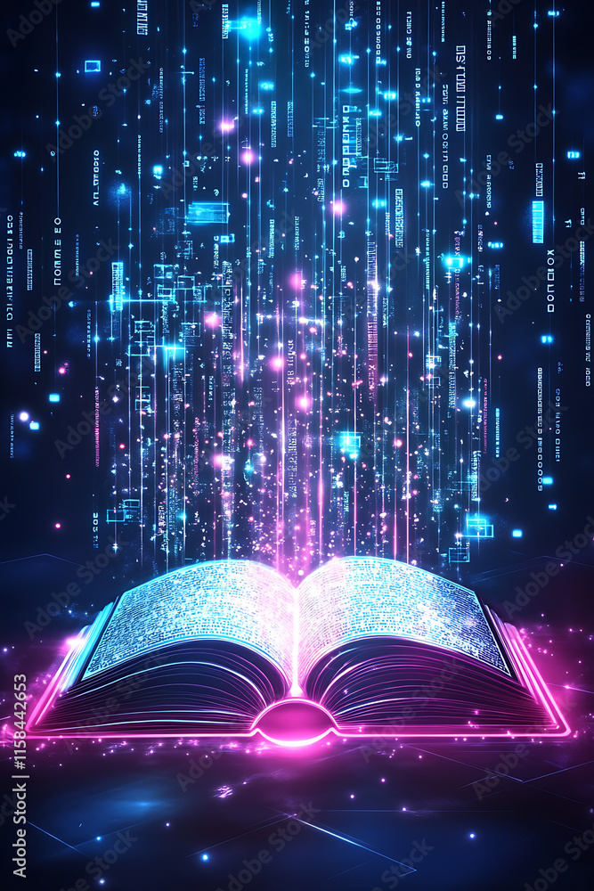 Poster an open book emits glowing data streams, symbolizing knowledge and technology.