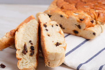 raisin whole wheat bread slices. Perfect for recipe, article, catalogue, or any commercial purposes. with copy space.