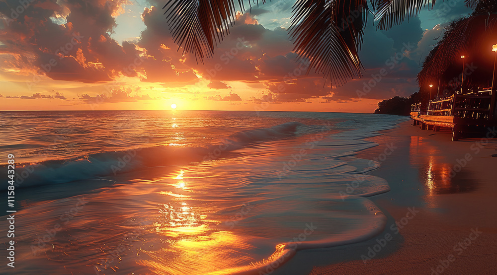 Poster a beautiful sunset on a tropical island, sitting at a beach bar, with a wide front view, out of the 