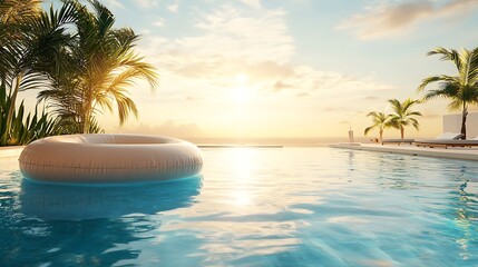 Obraz premium Relaxing poolside view with a pool raft gently floating under the warm sun