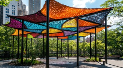 A modern art-inspired sunshade in a public park, featuring unique patterns and bold colors.