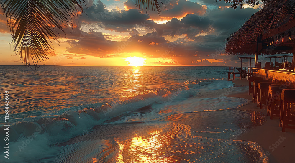 Poster a beautiful sunset on a tropical island, sitting at a beach bar, with a wide front view, out of the 