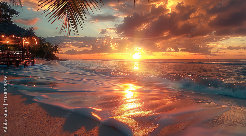 Poster a beautiful sunset on a tropical island, sitting at a beach bar, with a wide front view, out of the 