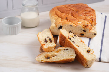 raisin whole wheat bread slices. Perfect for recipe, article, catalogue, or any commercial purposes. with copy space.