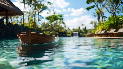 Obraz premium Pool raft drifting gently on the clear water of a pool on a sunny, peaceful day