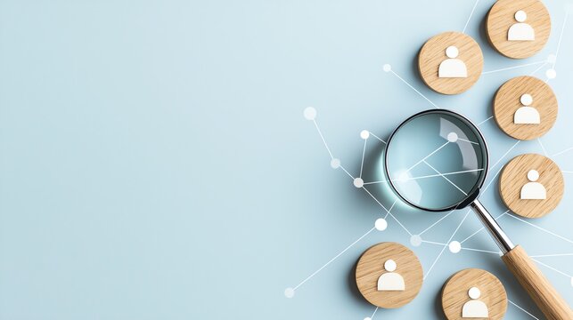 Magnifying glass over wooden disks with people icons on light blue background.