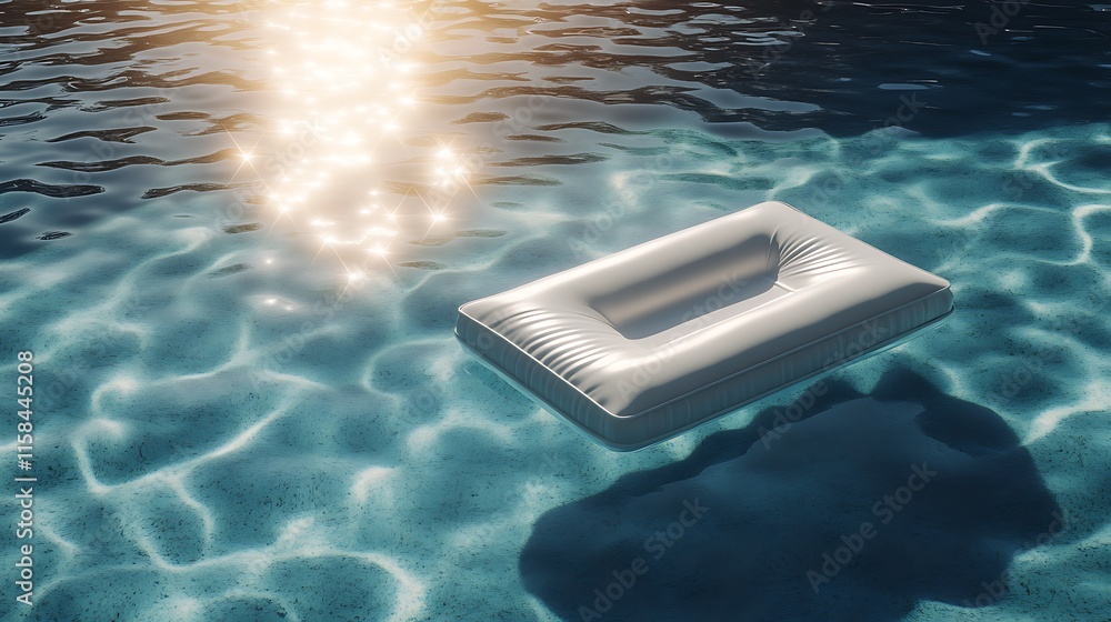 Wall mural a serene swimming pool with a floating pool raft and sunlight casting reflections
