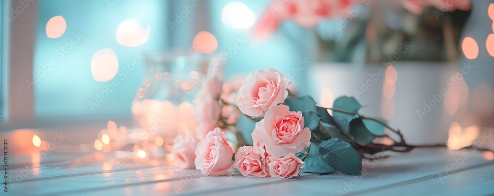 Poster pink roses with bokeh lights creating romantic atmosphere
