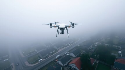 A drone hovers in a foggy sky above a suburban area, capturing aerial views of the houses below.