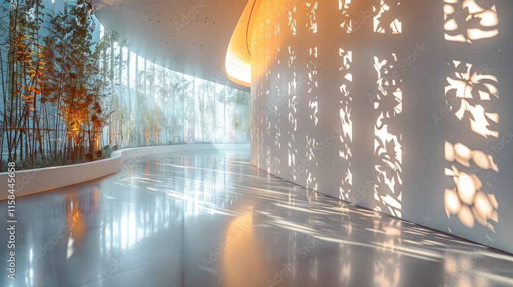 Aufkleber interior design featuring large perforated wall screens with botanical patterns, illuminated from be