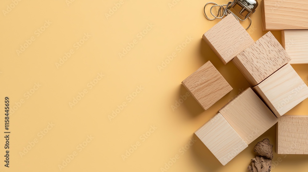 Poster wooden blocks set on a yellow surface, with keys and cork adding texture and creativity.