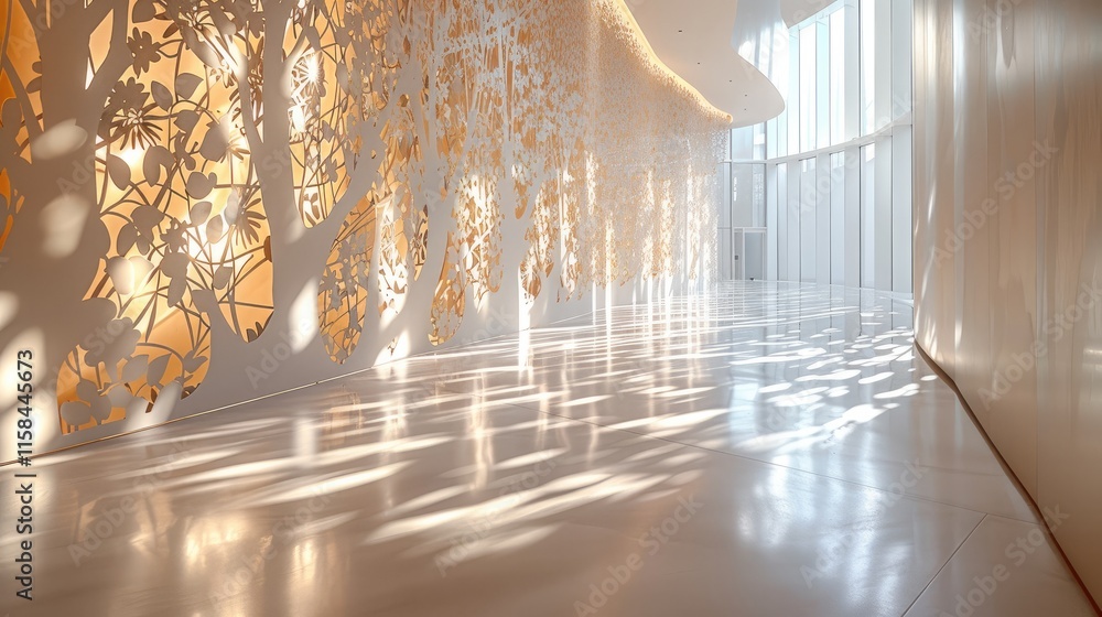 Aufkleber interior design featuring large perforated wall screens with botanical patterns, illuminated from be