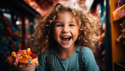 Fototapeta premium Happy preschool girl eating colorful ice cream in waffle cone on sunny summer day. 