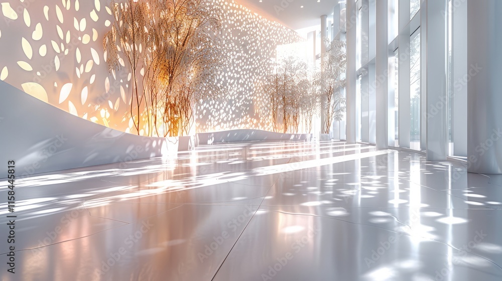 Aufkleber interior design featuring large perforated wall screens with botanical patterns, illuminated from be
