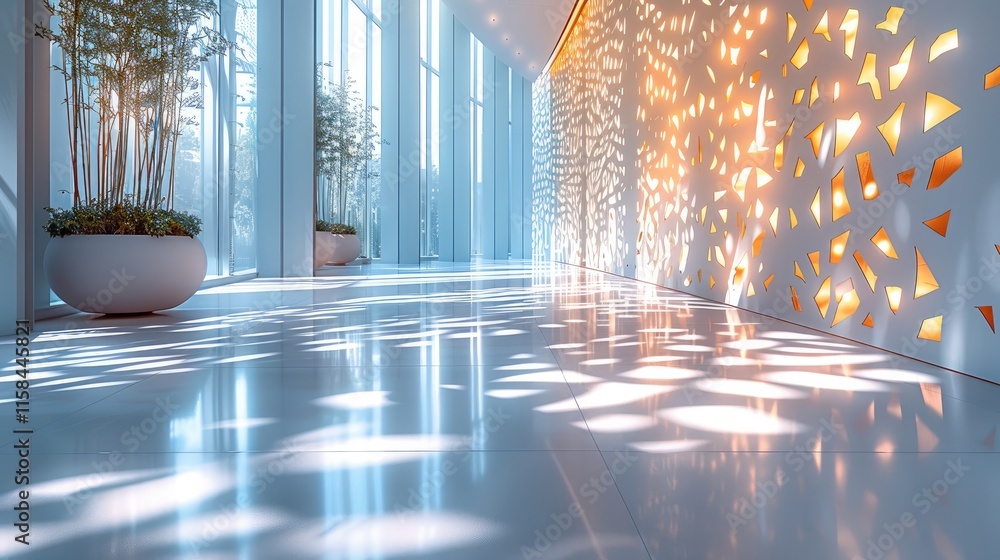 Poster Interior design featuring large perforated wall screens with botanical patterns, illuminated from behind, projecting a dance of light and shadows onto the ground.