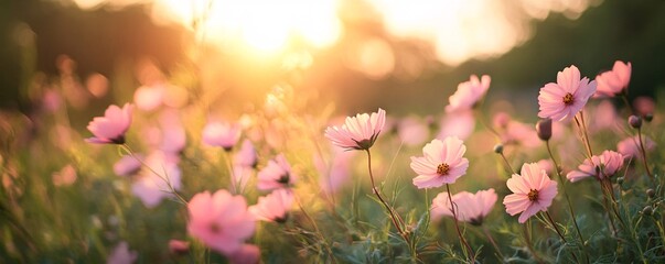 Pink cosmos flowers blooming in summer meadow during golden hour sunset