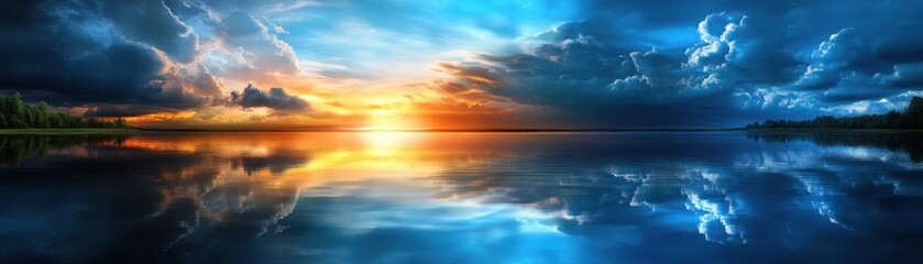 Obraz premium Stunning sunset over calm waters with reflection.