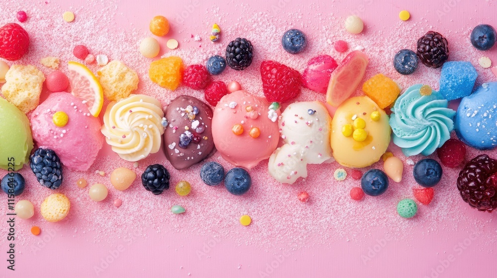 Aufkleber A beautiful array of colorful toppings placed on a pink icing sugar background, evoking a fun and appetizing dessert atmosphere