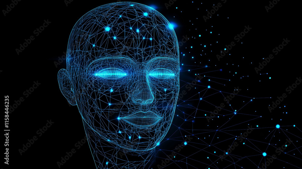 Poster abstract smart artificial intelligence digital futuristic technology face with light wireframe blue 