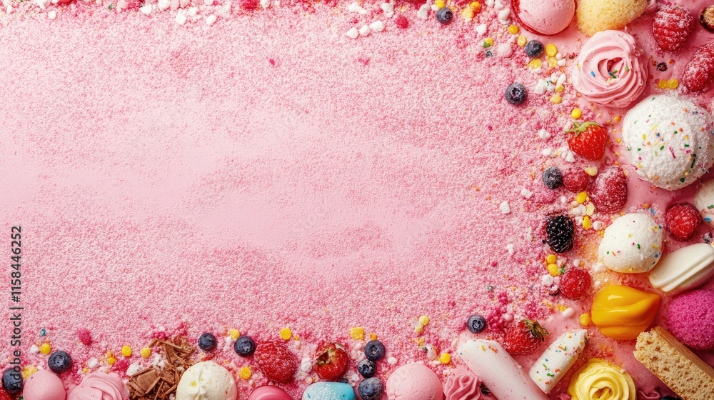 Poster A beautiful array of colorful toppings placed on a pink icing sugar background, evoking a fun and appetizing dessert atmosphere