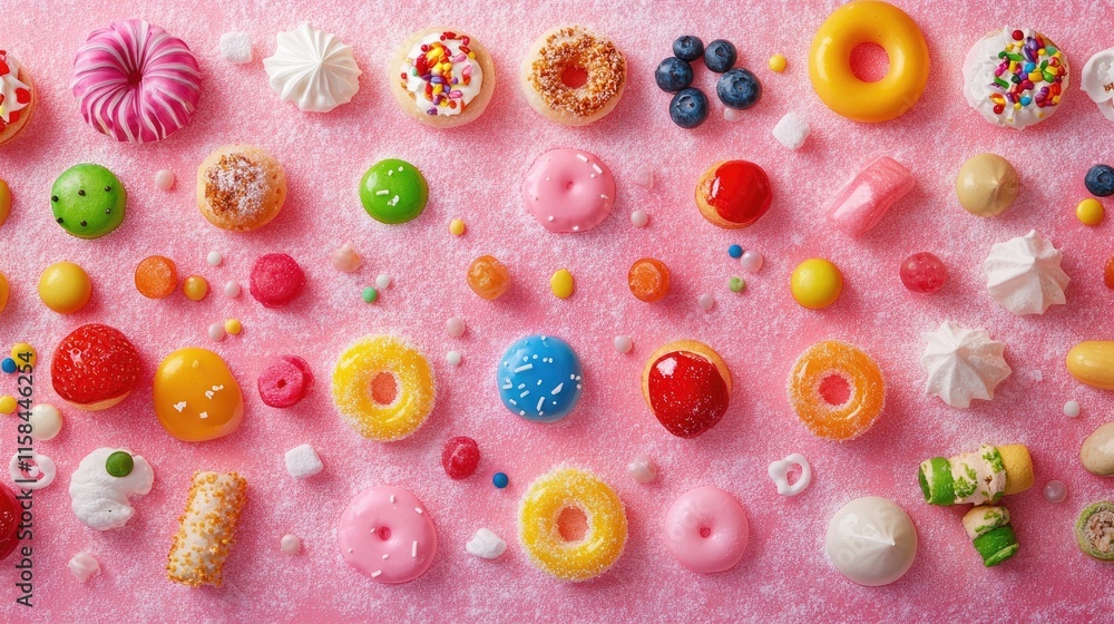 Poster A beautiful array of colorful toppings placed on a pink icing sugar background, evoking a fun and appetizing dessert atmosphere