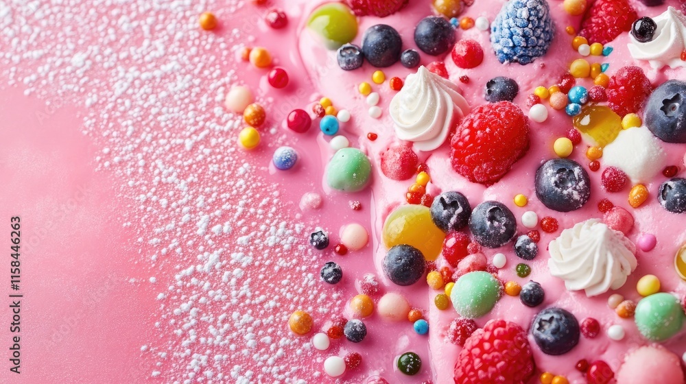 Poster A beautiful array of colorful toppings placed on a pink icing sugar background, evoking a fun and appetizing dessert atmosphere