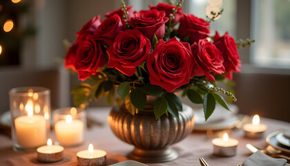 Obraz premium A delicate still life: a vintage-style bouquet of lush crimson roses in an ornate metal vase surrounded by softly glowing white candles in mercury glass holders.