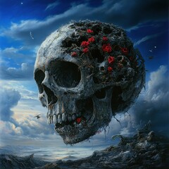 Surreal skull with flowers against a dramatic sky.