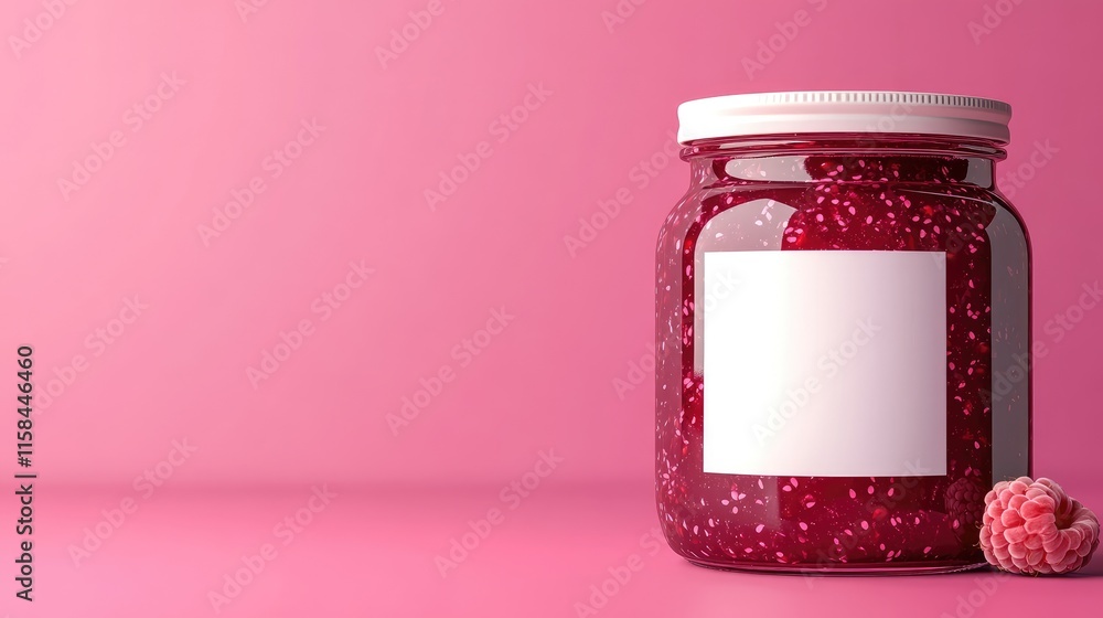Poster A beautiful glass jar of raspberry jam with a blank white label, isolated on a vibrant pink background, ideal for custom label designs or branding