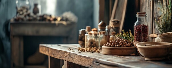 Alchemist preparing ingredients for potion on wooden table