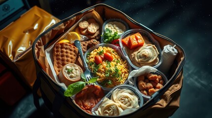 A vibrant assortment of delicious meals packed in a bag, featuring waffles, salads, fruits, and various dishes, perfect for a picnic or on-the-go dining.