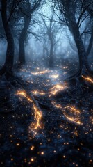 Mystical forest with glowing paths at night.