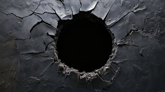 A black ceramic wall crumbling around a dark black hole, emitting a faint glow from the shattered pieces, creating a dramatic and intense visual