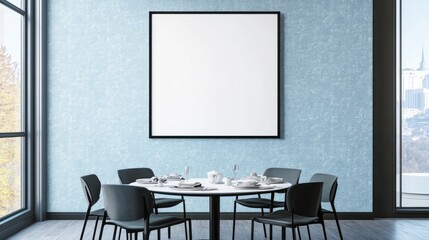 Fototapeta premium A black rectangular frame mockup placed on the wall of a dining room with light blue wallpaper, highlighting a round table and chairs in a contemporary interior design
