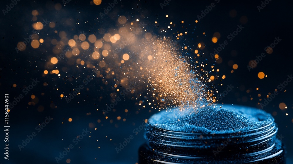 Poster blue glitter powder exploding from a jar, bokeh lights.