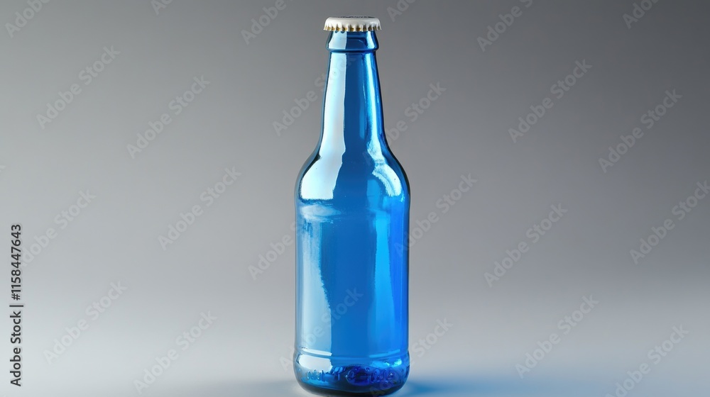 Poster A blue beer bottle with a glossy reflective surface and an empty label, placed on a grey background, ideal for showcasing custom branding designs