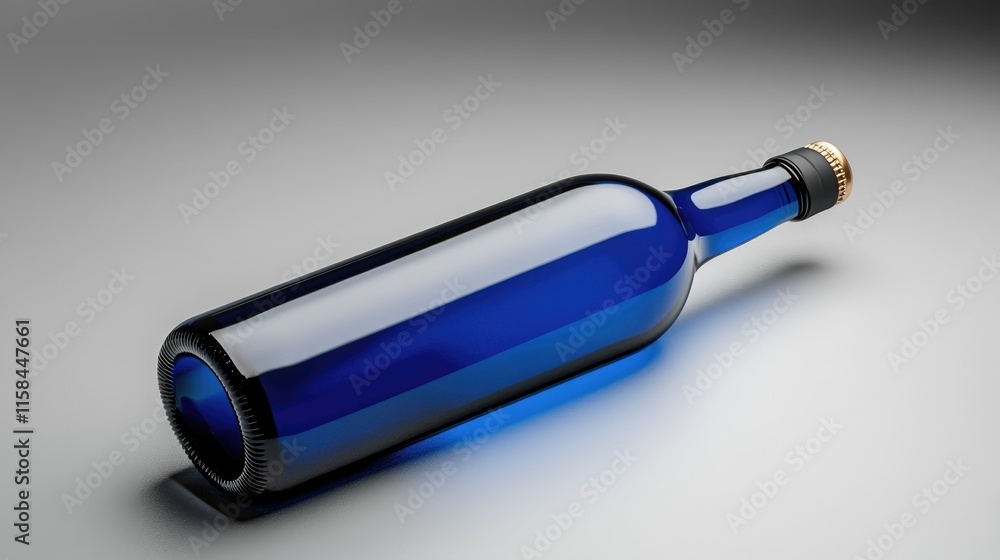 Poster A blue beer bottle with a glossy reflective surface and an empty label, placed on a grey background, ideal for showcasing custom branding designs