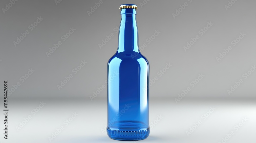 Poster a blue beer bottle with a glossy reflective surface and an empty label, placed on a grey background,